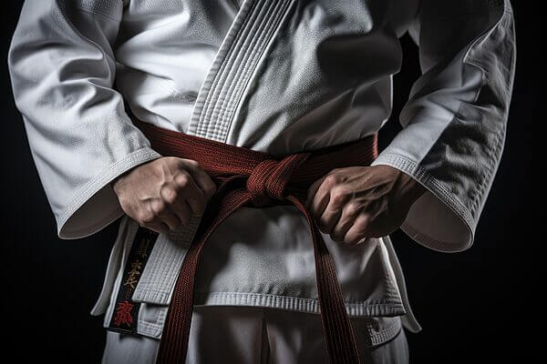 Kimono-karate-competition-karateka-adjusting-red-belt-kimono-kata-premium-gros-plan