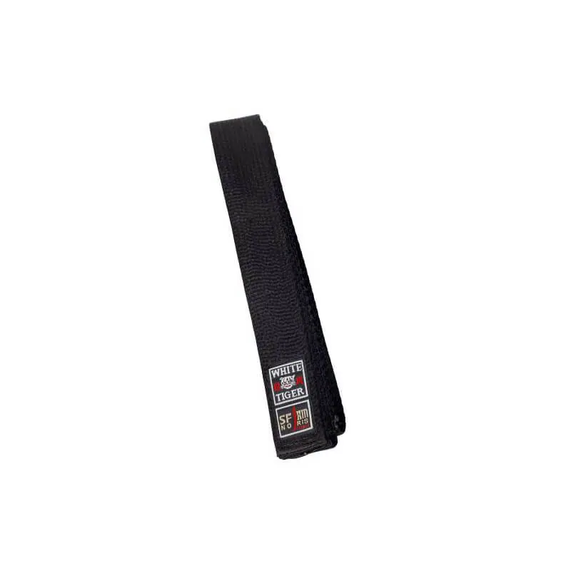 Black Satin Noris White Tiger 320 cm belt embroidered with "karate Do" in yellow